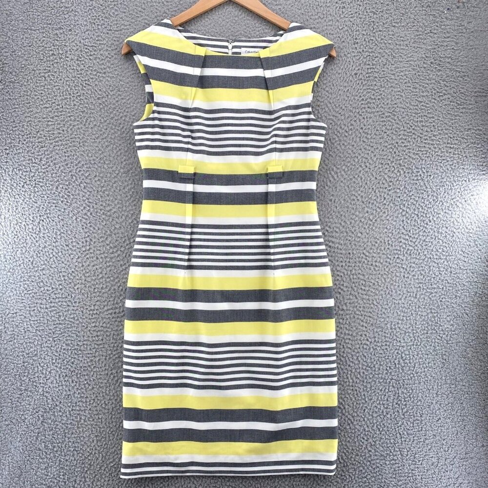 Calvin Klein Yellow, Gray and White Striped Sheath Dress